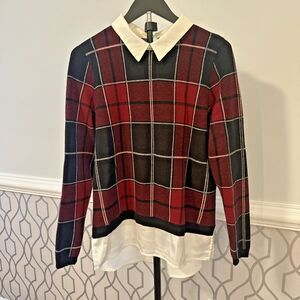 Tamari Red Plaid Collard Shirt Tail Pullover Sweater SZ L Preppy Aesthetic